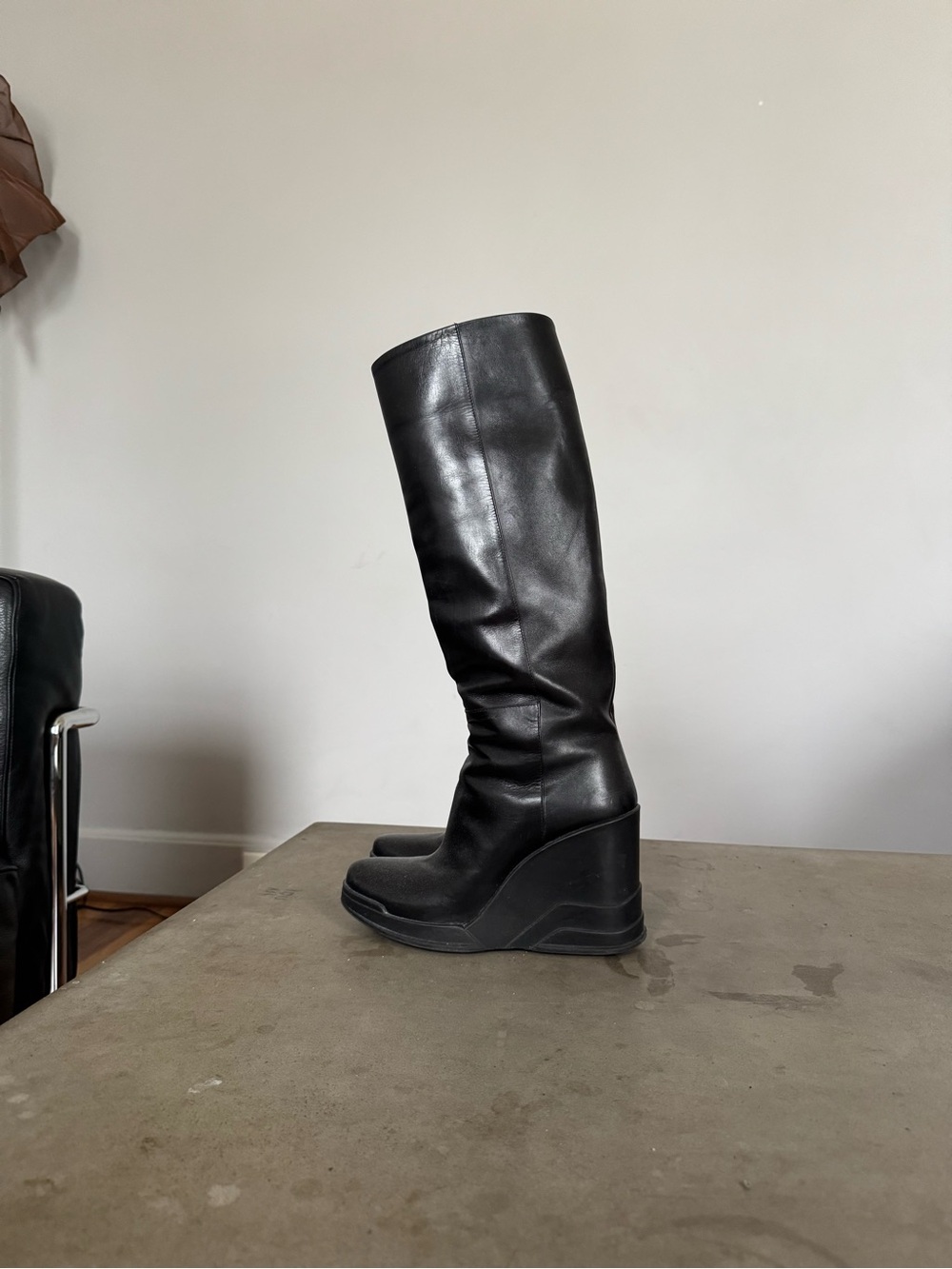 Prada Black Tall Leather Wedge Boots